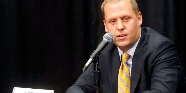 Sep 30, 2013; Denver, CO, USA; Denver Nuggets general manager and executive VP of basketball operations Tim Connelly speaks during a press conference during media day at the Pepsi Center. Mandatory Credit: Chris Humphreys-USA TODAY Sports