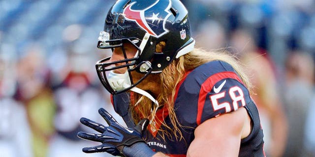 Sep 9, 2013; San Diego, CA, USA; Houston Texans outside linebacker Brooks Reed (58) during pre-game warmups before the Texans' season opener against the San Diego Chargers at Qualcomm Stadium. Mandatory Credit: Robert Hanashiro-USA TODAY