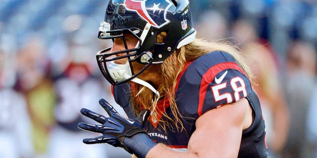 Sep 9, 2013; San Diego, CA, USA; Houston Texans outside linebacker Brooks Reed (58) during pre-game warmups before the Texans' season opener against the San Diego Chargers at Qualcomm Stadium. Mandatory Credit: Robert Hanashiro-USA TODAY