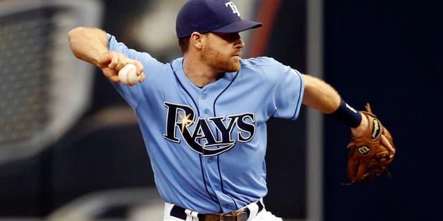 May 1, 2016; St. Petersburg, FL, USA; Tampa Bay Rays second baseman Logan Forsythe (11) throws the ball to first base for a double play against the Toronto Blue Jays at Tropicana Field. Mandatory Credit: Kim Klement-USA TODAY Sports