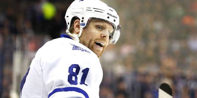 Apr 8, 2015; Columbus, OH, USA; Toronto Maple Leafs right wing Phil Kessel (81) against the Columbus Blue Jackets at Nationwide Arena. The Jackets won 5-0. Mandatory Credit: Aaron Doster-USA TODAY Sports