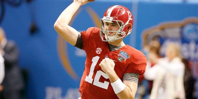 Jan 1, 2015; New Orleans, LA, USA; Alabama Crimson Tide quarterback David Cornwell (12) prior to the game against the Ohio State Buckeyes in the 2015 Sugar Bowl at Mercedes-Benz Superdome. Mandatory Credit: Matthew Emmons-USA TODAY Sports