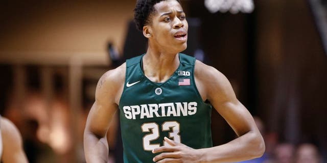 WEST LAFAYETTE, IN - FEBRUARY 09: Deyonta Davis #23 of the Michigan State Spartans jogs up the court during the game against the Purdue Boilermakers at Mackey Arena on February 9, 2016 in West Lafayette, Indiana. (Photo by Michael Hickey/Getty Images)