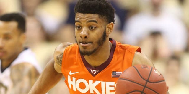 Jan 31, 2016; Pittsburgh, PA, USA; Virginia Tech Hokies guard Jalen Hudson (23) dribbles the ball against the Pittsburgh Panthers during the second half at the Petersen Events Center. PITT won 90-71. Mandatory Credit: Charles LeClaire-USA TODAY Sports