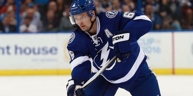 Mar 22, 2016; Tampa, FL, USA; Tampa Bay Lightning defenseman Anton Stralman (6) passes the puck against the Detroit Red Wings during the second period at Amalie Arena. Mandatory Credit: Kim Klement-USA TODAY Sports