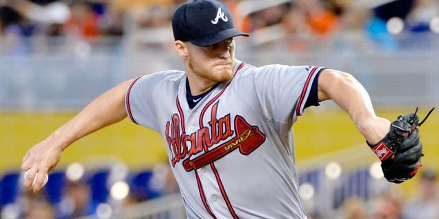 May 17, 2015; Miami, FL, USA; Atlanta Braves starting pitcher Shelby Miller (17) delivers a pitch against the Miami Marlins during the first inning at Marlins Park. Mandatory Credit: Steve Mitchell-USA TODAY Sports