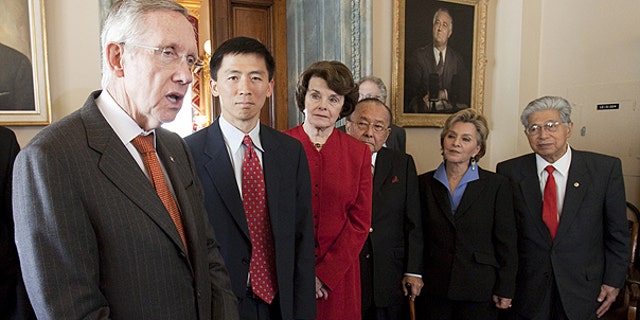 May 18: Senate Majority Leader Harry Reid, D-Nev., with judicial nominee Goodwin Liu, and Sens. Diane Feinstein, D-Calif., Daniel Inouye, D-Hi., Barbara Boxer, D-Calif., and Daniel Akaka, D-Hi. where Reid talked in Washington, about pending vote on Mr. Liu to the 9th Circuit Court of Appeals, tomorrow, on Capitol Hill in Washington.