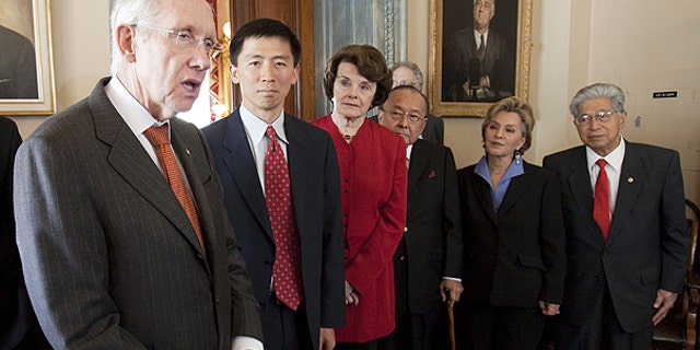 May 18: Senate Majority Leader Harry Reid, D-Nev., with judicial nominee Goodwin Liu, and Sens. Diane Feinstein, D-Calif., Daniel Inouye, D-Hi., Barbara Boxer, D-Calif., and Daniel Akaka, D-Hi. where Reid talked in Washington, about pending vote on Mr. Liu to the 9th Circuit Court of Appeals, tomorrow, on Capitol Hill in Washington.