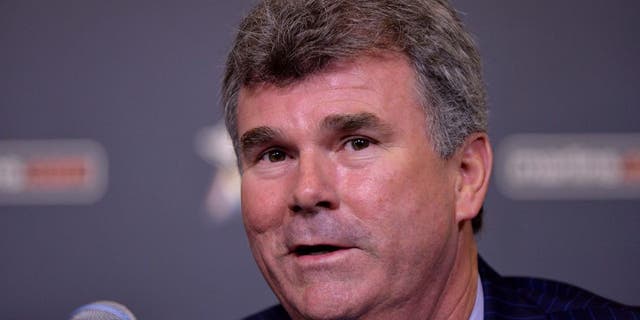 Nov 19, 2014; Miami, FL, USA; Miami Marlins vice president & general manager Dan Jennings listens during a press conference at Marlins Park. Mandatory Credit: Steve Mitchell-USA TODAY Sports