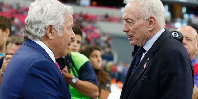 Oct 11, 2015; Arlington, TX, USA; Dallas Cowboys owner Jerry Jones talks with New England Patriots owner Robert Kraft prior to the game at AT&T Stadium. Mandatory Credit: Matthew Emmons-USA TODAY Sports