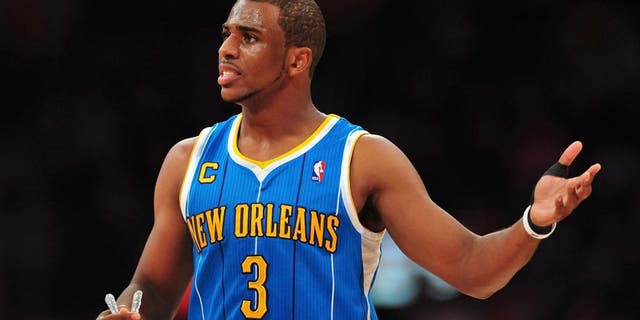 April 26, 2011; Los Angeles, CA, USA; New Orleans Hornets point guard Chris Paul (3) reacts to a call in the first half of game five of the 2011 NBA playoffs at the Staples Center. Mandatory Credit: Gary A. Vasquez-USA TODAY Sports