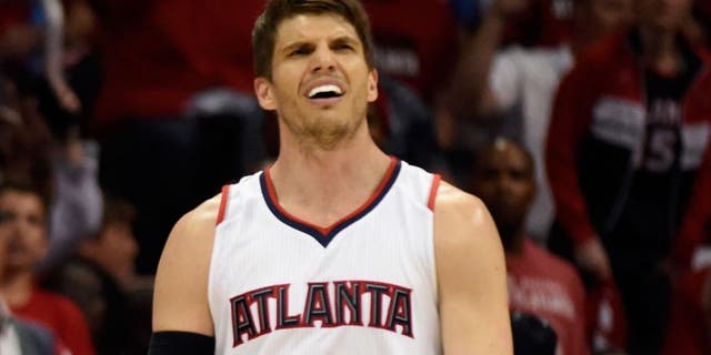 Guard Kyle Korver (26) react to a call during the first quarter of game one of the Eastern Conference Finals of the NBA Playoffs against the Cleveland Cavaliers at Philips Arena.
