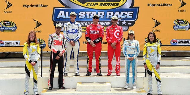 CHARLOTTE, NC - MAY 21: (Top row L-R) The segment winners, Trevor Bayne, driver of the #6 AdvoCare Ford, Greg Biffle, driver of the #16 Cheez-It Ford, and Kyle Larson, driver of the #42 Target Chevrolet, pose with the fan vote winners Chase Elliott, driver of the #24 3M Chevrolet, and Danica Patrick, driver of the #10 Nature's Bakery Chevrolet, in Victory Lane after the NASCAR Sprint Cup Series Sprint Showdown at Charlotte Motor Speedway on May 21, 2016 in Charlotte, North Carolina. (Photo by Jared C. Tilton/Getty Images)