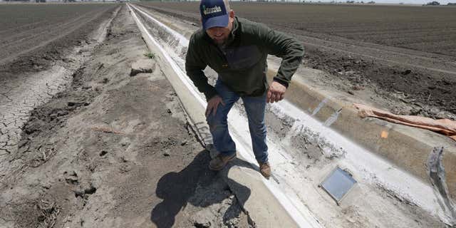 May 18, 2015: Farmer Gino Celli climbs out of a irrigation canal that is covered in dried salt on a field he farms near Stockton, Calif.