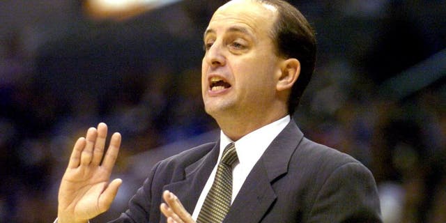 Houston Rockets coach Jeff Van Gundy talks to his team from the bench during the NBA game between the Los Angeles Lakers and the Houston Rockets at the Staples Center in Los Angeles, California, on April 7, 2005. The Rockets defeated the Lakers 114-100. (Photo by Kirby Lee/Getty Images)
