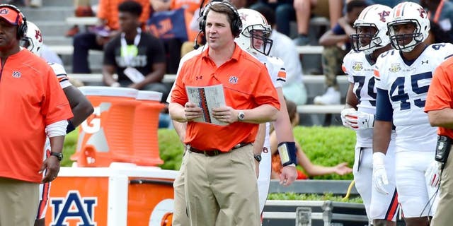 Apr 18, 2015; Auburn, AL, USA; Auburn Tigers defensive coordinator Will Muschamp looks on during the spring game at Jordan-Hare Stadium. Mandatory Credit: Shanna Lockwood-USA TODAY Sports