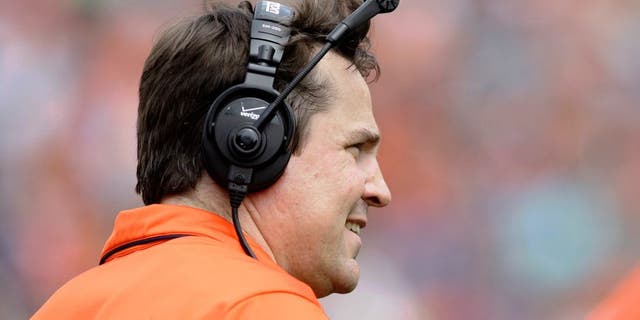 Apr 18, 2015; Auburn, AL, USA; Auburn Tigers defensive coordinator Will Muschamp watches his squad during the A-Day game at Jordan-Hare Stadium. Mandatory Credit: John Reed-USA TODAY Sports