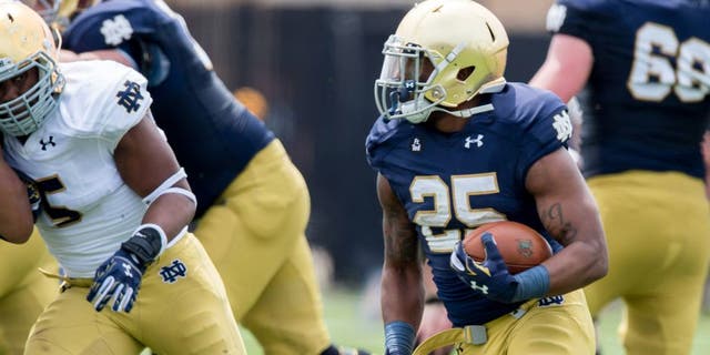 Apr 18, 2015; Notre Dame, IN, USA; Notre Dame Fighting Irish running back Tarean Folston (25) runs in the first quarter of the Blue-Gold Game at the LaBar Practice Complex. Mandatory Credit: Matt Cashore-USA TODAY Sports