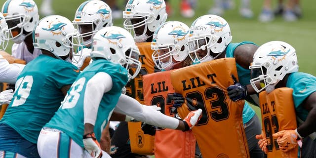 Miami Dolphins players participate in an NFL football organized team activity, Tuesday, May 26, 2015, at the Dolphins training facility in Davie, Fla. (AP Photo/Wilfredo Lee)