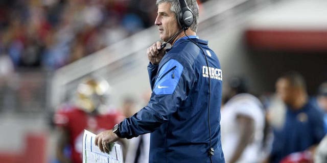 December 20, 2014; Santa Clara, CA, USA; San Diego Chargers offensive coordinator Frank Reich during the fourth quarter against the San Francisco 49ers at Levi's Stadium. The Chargers defeated the 49ers 38-35. Mandatory Credit: Kyle Terada-USA TODAY Sports