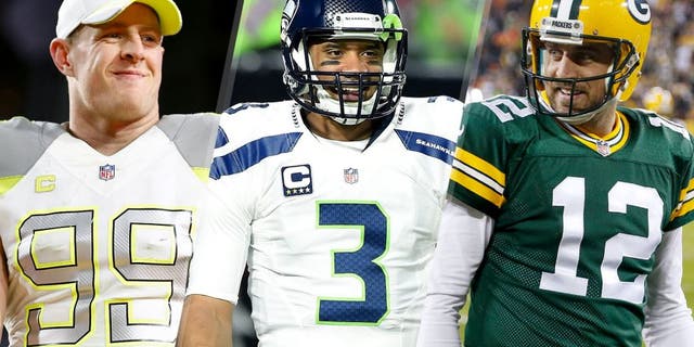 GLENDALE, AZ - JANUARY 25: Team Carter defensive end J.J. Watt #99 of the Houston Texans celebrates after the 2015 Pro Bowl at University of Phoenix Stadium on January 25, 2015 in Glendale, Arizona. (Photo by Christian Petersen/Getty Images) GLENDALE, AZ - DECEMBER 21: Quarterback Russell Wilson #3 of the Seattle Seahawks smiles on the field during warmups before the NFL game against the Arizona Cardianls at University of Phoenix Stadium on December 21, 2014 in Glendale, Arizona. (Photo by Norm Hall/Getty Images) GREEN BAY, WI - NOVEMBER 9: Aaron Rodgers #12 of the Green Bay Packers smiles before the start of the game with the Chicago Bears at Lambeau Field on November 9, 2014 in Green Bay, Wisconsin. The Packers defeated the Bears 55-14. (Photo Tom Lynn /Getty Images)