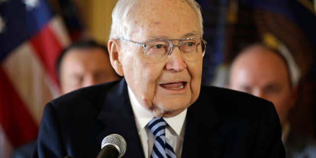 March 4, 2015: L. Tom Perry, the second-most senior member of the high-level Mormon governing body called the Quorum of the Twelve Apostles, speaks during a news conference at the Utah State Capitol in Salt Lake City.