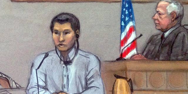 June 2, 2014: In this file courtroom sketch, Dias Kadyrbayev, left, testifies in federal court in Boston.(AP)