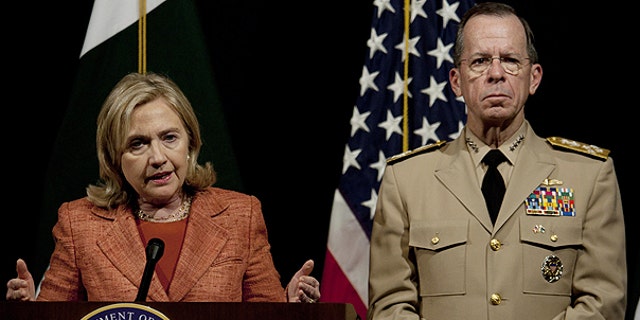 May 27: U.S. Secretary of State Hillary Rodham Clinton addresses a news conference with Adm. Mike Mullen, the chairman of the U.S. Joint Chiefs of Staff at U. S. embassy in Islamabad, Pakistan.