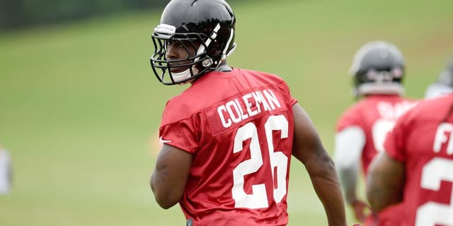 May 26, 2015; Atlanta, GA, USA; Atlanta Falcons running back Tevin Coleman (26) on the field during OTA at Falcons Training Facility. Mandatory Credit: Dale Zanine-USA TODAY Sports