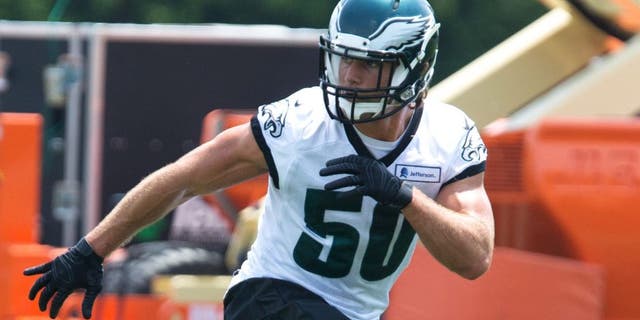 May 28, 2015; Philadelphia, PA, USA; Philadelphia Eagles linebacker Kiko Alonso (50) during OTA's at the NovaCare Complex. Mandatory Credit: Bill Streicher-USA TODAY Sports