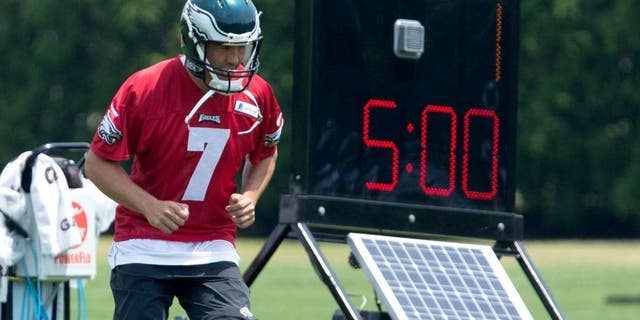 May 28, 2015; Philadelphia, PA, USA; Philadelphia Eagles quarterback Sam Bradford (7) loosens up during OTA's at the NovaCare Complex. Mandatory Credit: Bill Streicher-USA TODAY Sports