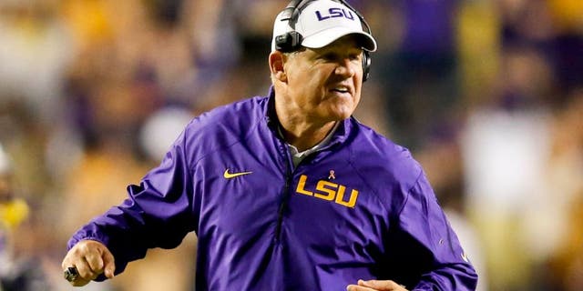 Oct 26, 2013; Baton Rouge, LA, USA; LSU Tigers head coach Les Miles against the Furman Paladins during the second half of a game at Tiger Stadium. LSU defeated Furman 48-16. Mandatory Credit: Derick E. Hingle-USA TODAY Sports
