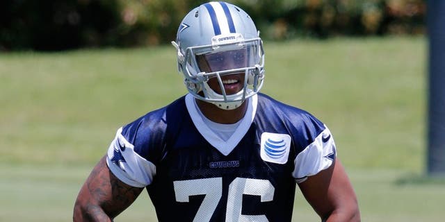 May 27, 2015; Dallas, TX, USA; Dallas Cowboys defensive end Greg Hardy (76) smiles during OTAs at Dallas Cowboys Headquarters. Mandatory Credit: Matthew Emmons-USA TODAY Sports