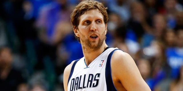 May 2, 2014; Dallas, TX, USA; Dallas Mavericks forward Dirk Nowitzki (41) during the game against the San Antonio Spurs in game six of the first round of the 2014 NBA Playoffs at American Airlines Center. Dallas won 113-111. Mandatory Credit: Kevin Jairaj-USA TODAY Sports