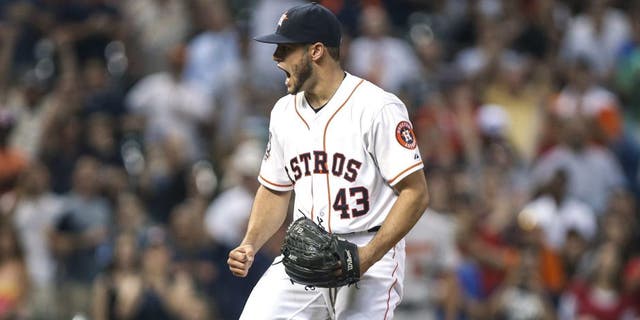 Jun 3, 2015; Houston, TX, USA; Houston Astros starting pitcher Lance McCullers (43) reacts after getting the final out during the ninth inning against the Baltimore Orioles at Minute Maid Park. The Astros defeated the Orioles 3-1. Mandatory Credit: Troy Taormina-USA TODAY Sports