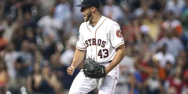 Jun 3, 2015; Houston, TX, USA; Houston Astros starting pitcher Lance McCullers (43) reacts after getting the final out during the ninth inning against the Baltimore Orioles at Minute Maid Park. The Astros defeated the Orioles 3-1. Mandatory Credit: Troy Taormina-USA TODAY Sports