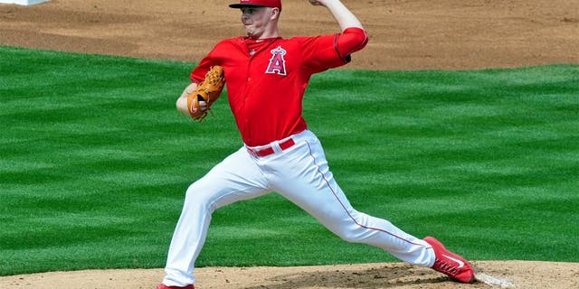 Mar 12, 2015; Tempe, AZ, USA; Los Angeles Angels starting pitcher Sean Newcomb (86) throws in the first inning against the Chicago Cubs at Tempe Diablo Stadium. Mandatory Credit: Matt Kartozian-USA TODAY Sports