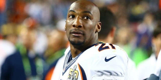 Feb 7, 2016; Santa Clara, CA, USA; Denver Broncos cornerback Aqib Talib (21) against the Carolina Panthers in Super Bowl 50 at Levi's Stadium. Mandatory Credit: Mark J. Rebilas-USA TODAY Sports