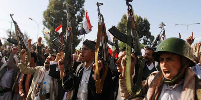 April 16, 2015: Shiite rebels, known as Houthis, chant slogans during a demonstration against an arms embargo imposed by the U.N. Security Council on Houthi leaders, in Sanaa, Yemen.