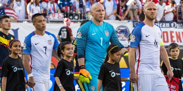 SANTA CLARA, CA - JUNE 3: Michael Bradley #4 of United States leads the team on to the field for the Copa America Centenario Group A match between the United States and Columbia at Levi's Stadium on June 3, 2016 in Santa Clara, California. Colombia won the match 2-0 (Photo by Shaun Clark/Getty Images)