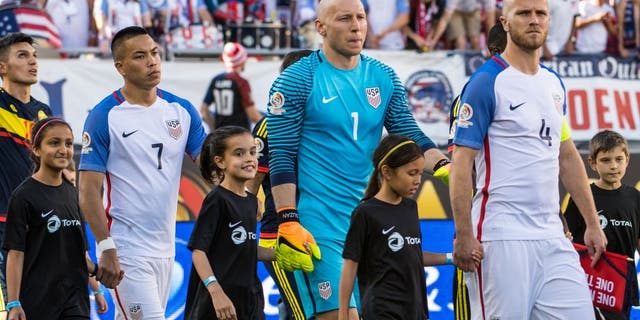SANTA CLARA, CA - JUNE 3: Michael Bradley #4 of United States leads the team on to the field for the Copa America Centenario Group A match between the United States and Columbia at Levi's Stadium on June 3, 2016 in Santa Clara, California. Colombia won the match 2-0 (Photo by Shaun Clark/Getty Images)