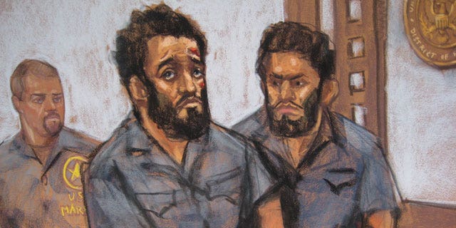 A courtroom sketch of Mohamed Mahmood Alessa, 20, and Carlos Eduardo Almonte, 24, who appeared in federal court Monday in Newark, N.J. The two face charges of conspiring to kill, maim and kidnap persons outside the United States by joining terrorist group al-Shabab.