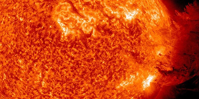 June 7: This image provided by NASA shows the Sun unleashing a medium-sized solar flare, a minor radiation storm and a spectacular coronal mass ejection.