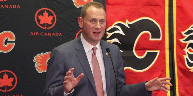 CALGARY, AB - APRIL 28: General Manager Brad Treliving of the Calgary Flames discusses his plans for the team's future at Scotiabank Saddledome on April 28, 2014 in Calgary, Alberta, Canada. (Photo by Janette Ahrens/NHLI via Getty Images)