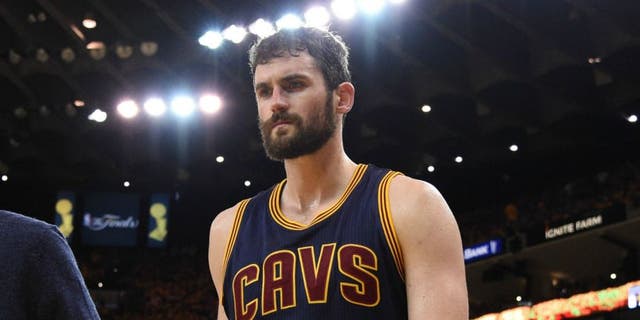 Jun 5, 2016; Oakland, CA, USA; Cleveland Cavaliers forward Kevin Love (0) leaves the bench during the third quarter against the Golden State Warriors in game two of the NBA Finals at Oracle Arena. Mandatory Credit: Kyle Terada-USA TODAY Sports