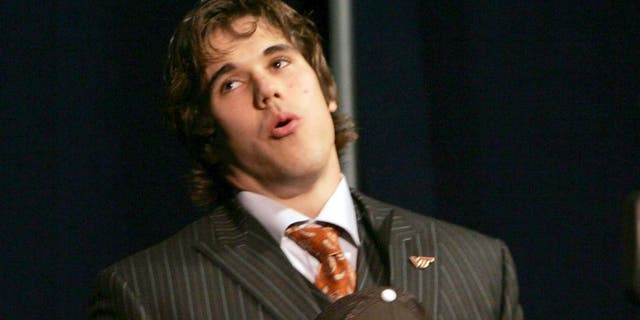 Former Notre Dame quarterback Brady Quinn breathes a sigh of relief after being selected wth the 22nd pick overall in the 2007 NFL Draft by the Cleveland Browns at the Radio City Music Hall, April 28, 2007. (Photo by Richard Schultz/Getty Images)