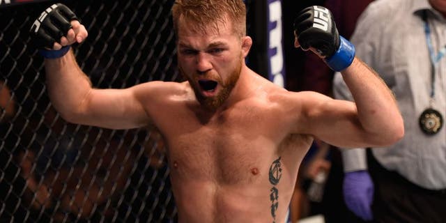 LAS VEGAS, NV - MAY 29: Bryan Caraway reacts to his victory over Aljamain Sterling in their bantamweight bout during the UFC Fight Night event inside the Mandalay Bay Events Center on May 29, 2016 in Las Vegas, Nevada. (Photo by Josh Hedges/Zuffa LLC/Zuffa LLC via Getty Images)