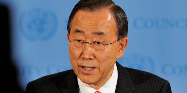 File-This March 24, 2011, file photo shows United Nations Secretary General Ban Ki-Moon speaking after a Security Council meeting at United Nations headquarters in New York.