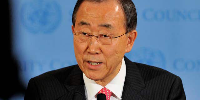 File-This March 24, 2011, file photo shows United Nations Secretary General Ban Ki-Moon speaking after a Security Council meeting at United Nations headquarters in New York.