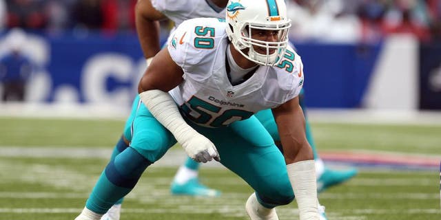 Dec 22, 2013; Orchard Park, NY, USA; Miami Dolphins defensive end Olivier Vernon (50) waits for the snap against the Buffalo Bills at Ralph Wilson Stadium. Mandatory Credit: Timothy T. Ludwig-USA TODAY Sports